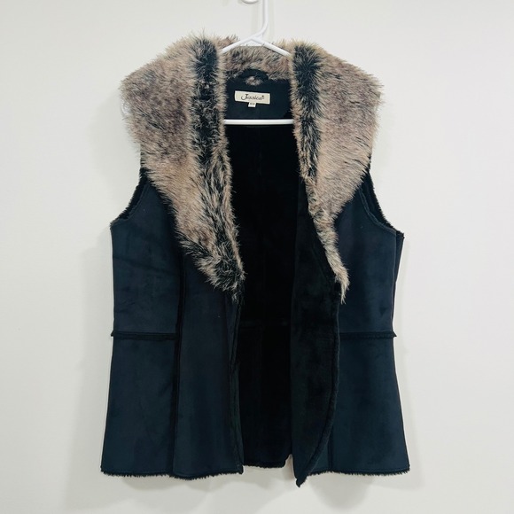 Jessica Womens Faux Suede Vest Faux Fur Collar Black Medium Two Button Front - Picture 6 of 8